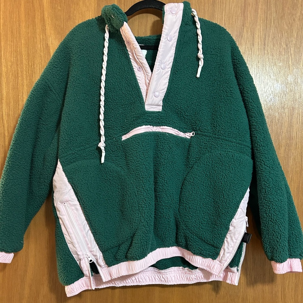 Altar'd State Green Teddy Jacket with Pink Trim